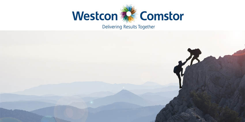 Westcon COmsotr logo above picture of mountaeers helping each other up