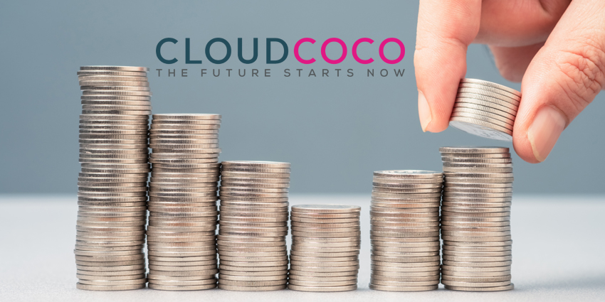 Pile of coins that go up and down alongside ClouCoCo logo