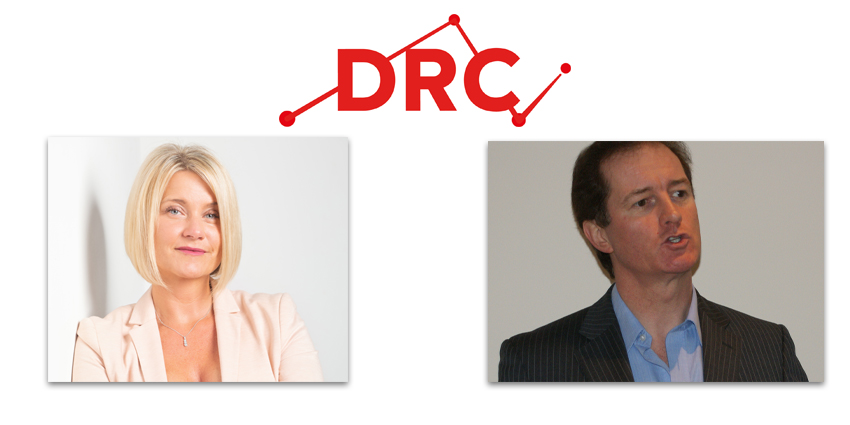 Headshots of Sue Elliott and Roger Flynn below DRC logo