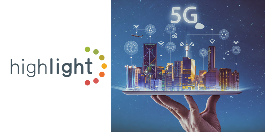 Handholding tablet flat, projecting 5G on a digital cityscape and Highlight logo
