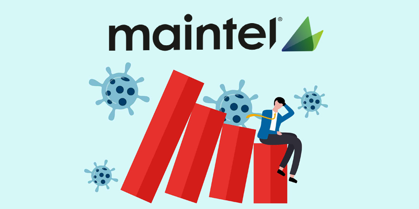 Businessman sits on top off financial graph as virus attacks with Maintel logo above