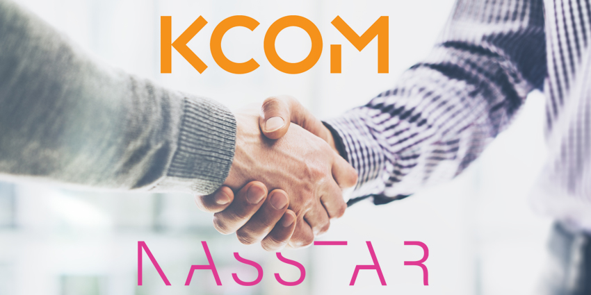 Two men shaking hands with KCOM logo above and Nasstar logo below