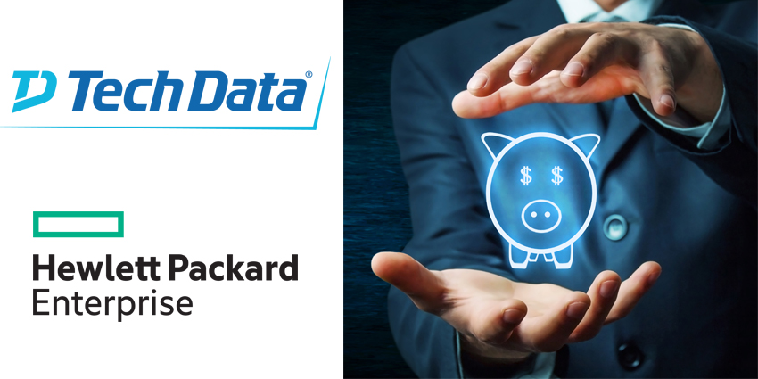 Tech Data and HPE logos alsongside pciture of businessman holding virtual piggybank