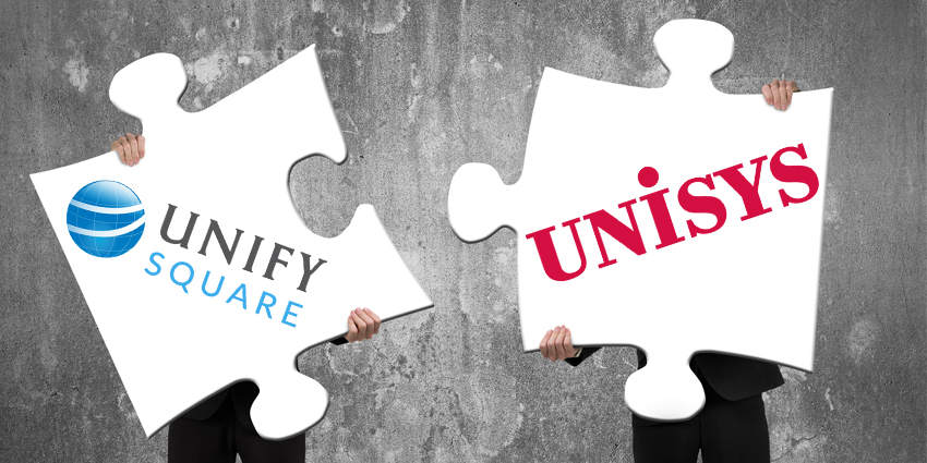 People holding jigsaw pieces with Unify Square and Unisys logos