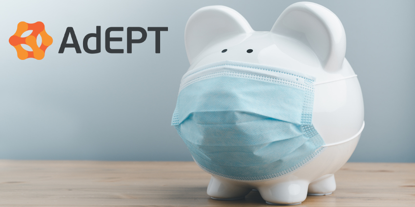 White piggy bank with blue face mask and AdEPT logo