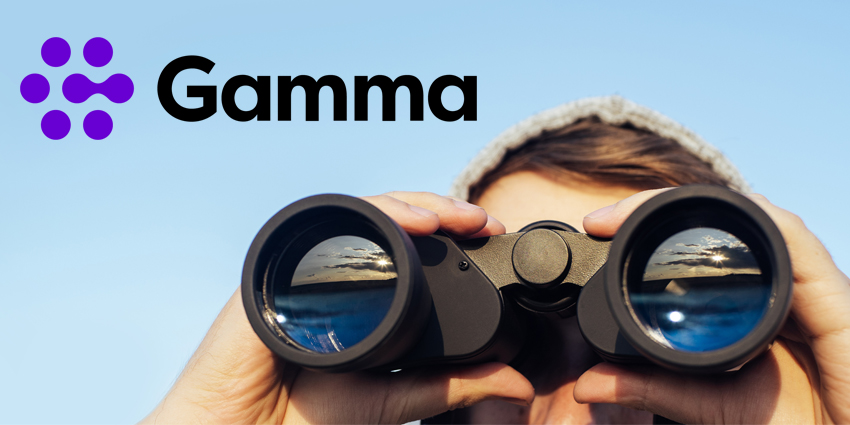 Man looking through binoculars to camera with Gamma logo above him