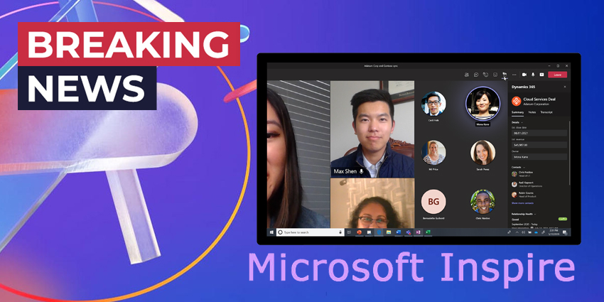 Breaking News written on purple background with picture of Dynamics collaboration on Teams over Microsoft Inspire