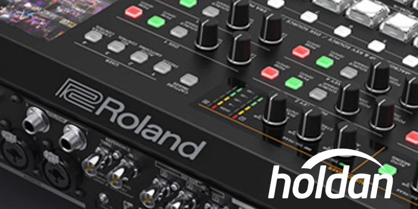 Close up of Roland video system and Holdan logo