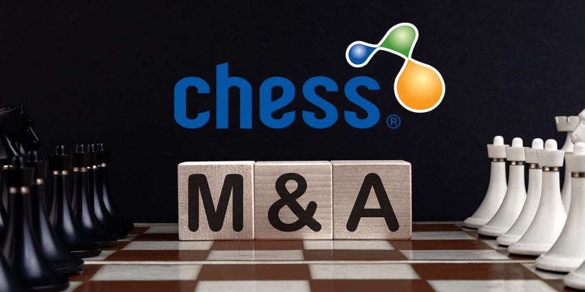 Chess board set against black backdrop with blocks spelling M&A between the two sides and Chess ICT logo above