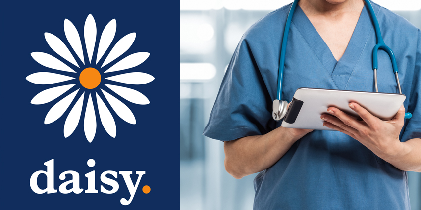 Torso of man in scrubs with stethoscope and holding tablet alongside Daisy Communications logo