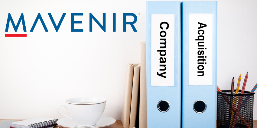 Two folders with 'Comapny' and 'Acqusitions' written on each of their sides on a desk with coffee cup and pen holder and Mavenir logo above them
