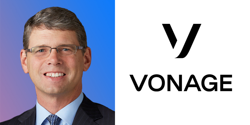 Rory Read headshot agianst a pink and blue background and the Vonage logo beside it