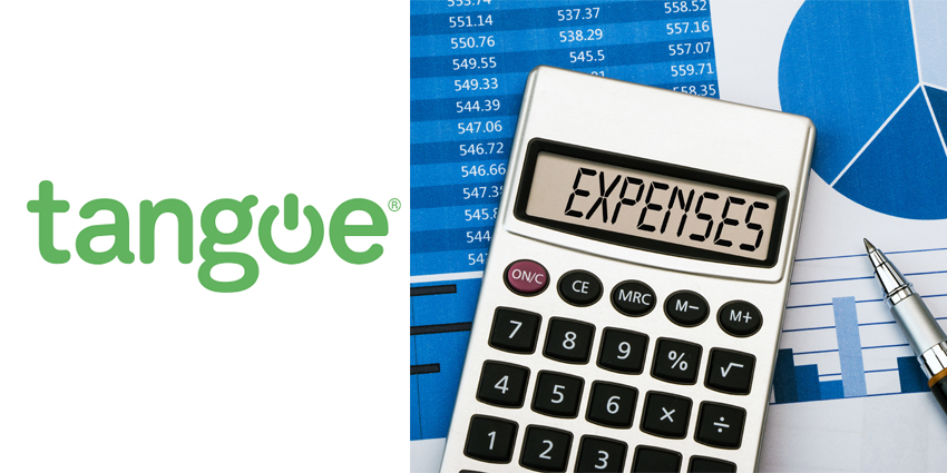 Tangoe logo alongside calculator sitting atop pie charts and graphs