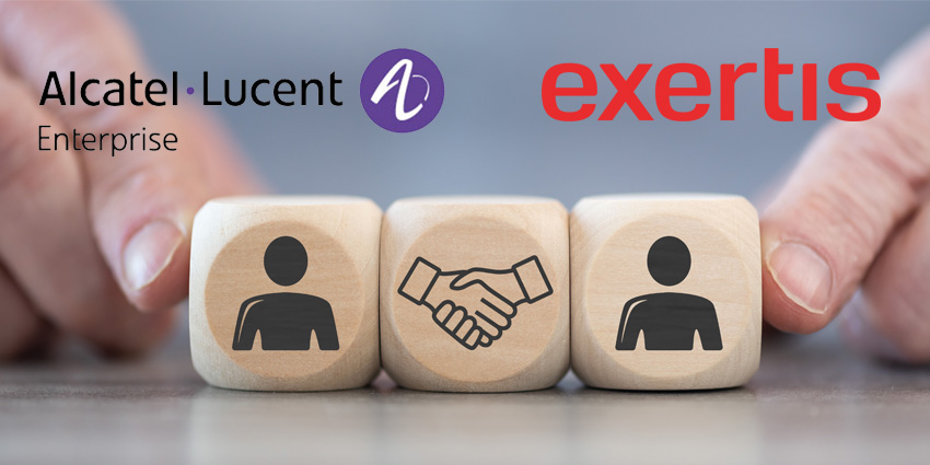 three wooden blocks sitting on wooden table with outof focus fingers on each of the outside blocks. person silhoutte stamped on two outside blocks and handshake stamped on central block. ALE and Exertis logos above them