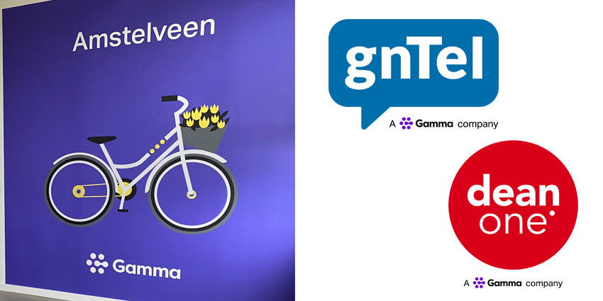 Illustrated bicycle with Amstelveen written above it and Gamma logo underneath it. Beside are the logos of Dean One and gnTel