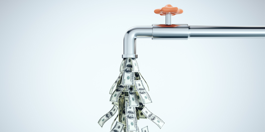 Dollars coming out of a sink tap against a grey background