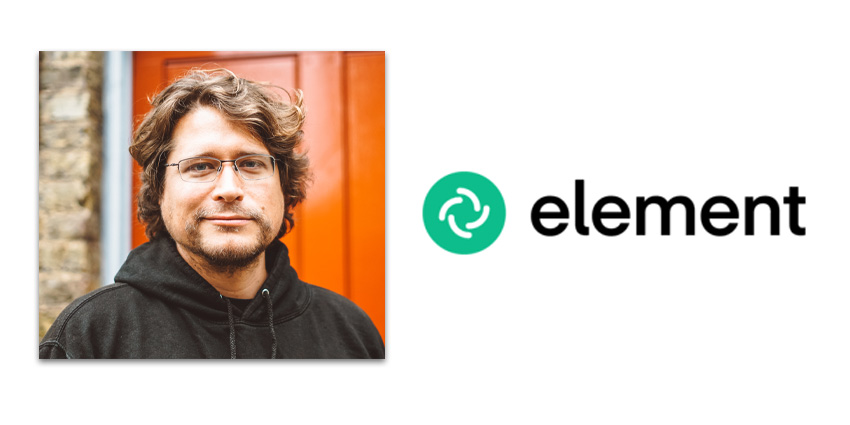 Headshot of Matthew Hodgson wearing a hoodie and standing against an orange door alongside element logo