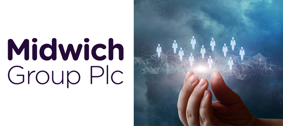 Hand holding up digital stick figures against space backdrop and Midwich logo