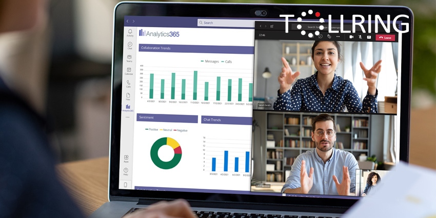 person looking at laptop screen with Analytics 365 dashboard set up and woman and man on-camera on screen