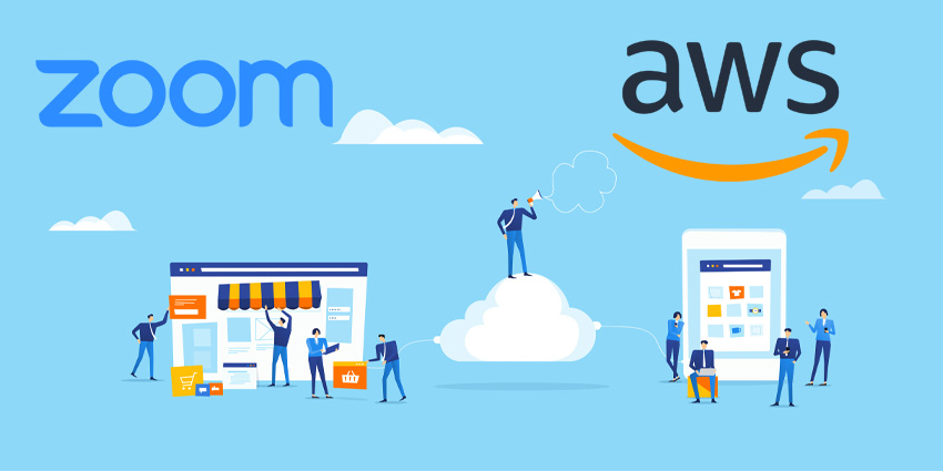 Illustration of people arond a shopfront on the left, a man standing on a cloud with a loudspeaker and a group of people around a large device with online shopping on the screen. Zoom and AWS logos above them.