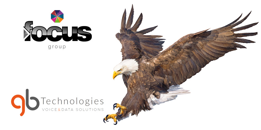 Bald eagle in swoop motion with Focus Group andd GB Technologies logos to its left