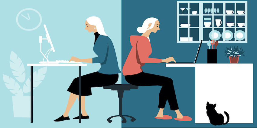 Woman in hybrid work place sharing her time between an office and working from home remotely, EPS 8 vector illustration