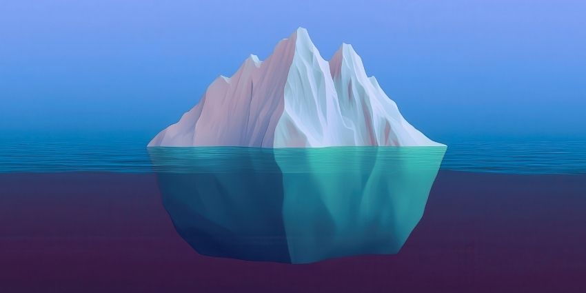 Iceberg floating on still water, with a large section of the iceberg underneath, hiding.