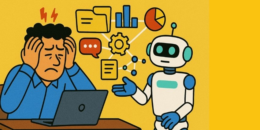 AI giving a worker at a desk a headache from all the information