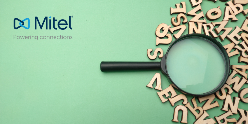 Mitel logo with tagline ‘Powering connections’ on a green background beside a magnifying glass surrounded by scattered wooden alphabet letters