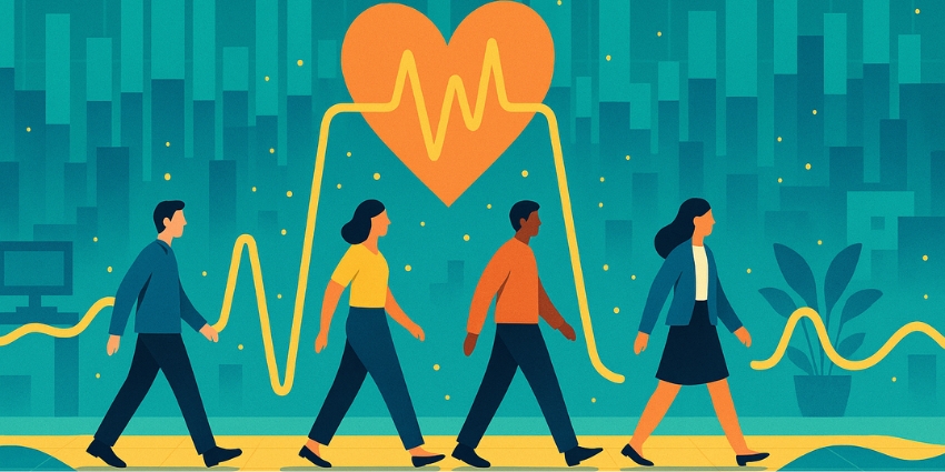 Human and digital hands meeting across a holographic interface.