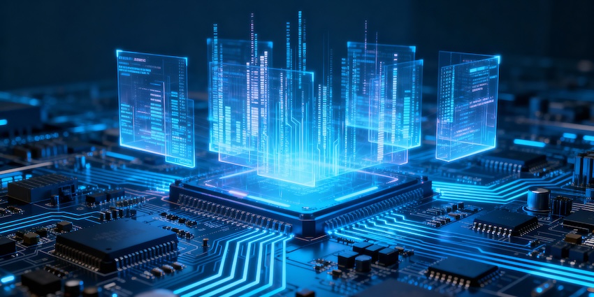 AI data visualisations emerging from a central processor, symbolising Microsoft Teams AI automation and analytics