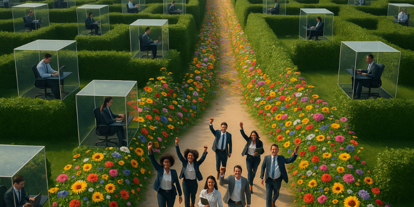 Employees collaborating across devices in a connected digital workspace platform.