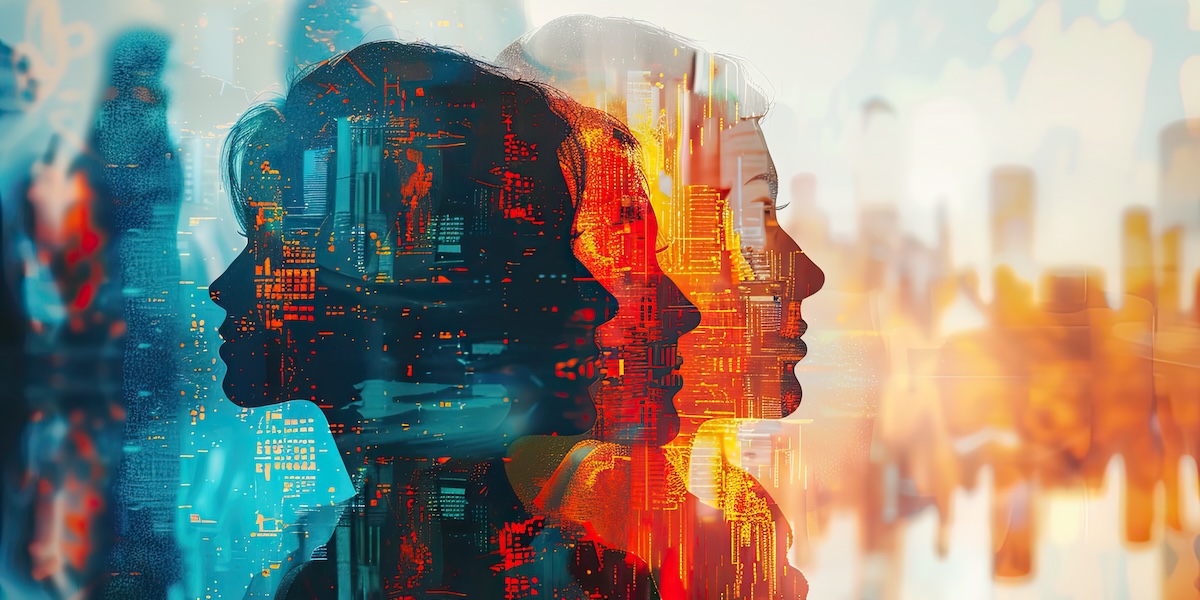 Silhouettes blended with digital cityscapes representing hybrid work, AI adoption, and evolving employee experience in 2026