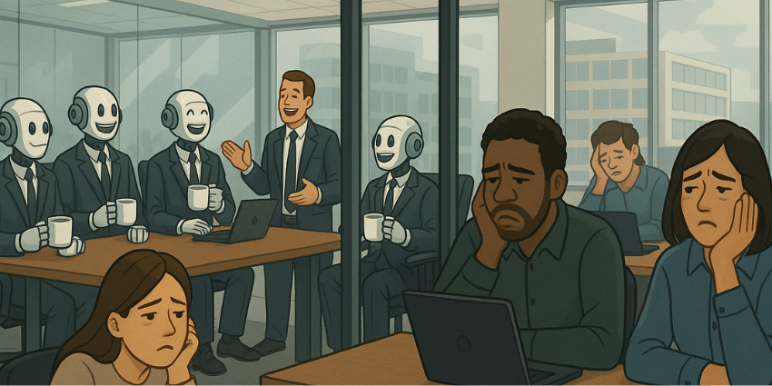 Hybrid team not collaborating with AI agent workflow panels highlighting transparency and psychological safety.