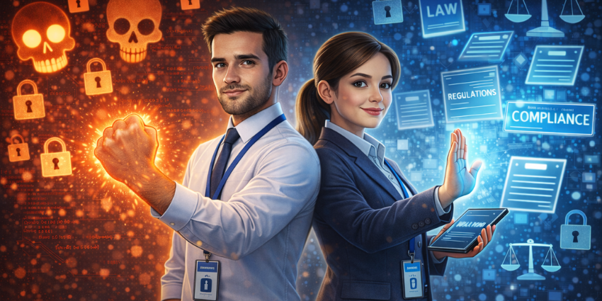 Two office workers fend off security and compliance challenges