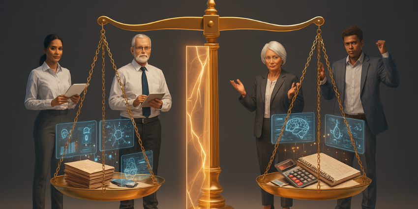 Illustration showing differences in workflow between workers with AI tools and those without.
