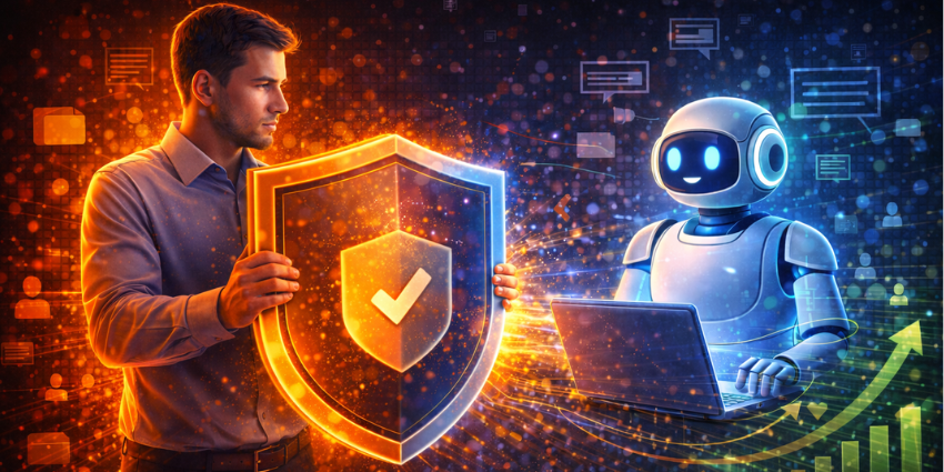 “Employee using a security shield to protect an AI assistant, illustrating AI colleague risks in modern collaboration platforms.”