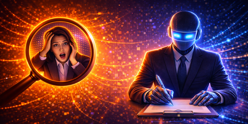 AI compliance monitoring concept showing a robot writing audit notes while a worried office worker is highlighted in a magnifying glass, representing AI-driven compliance risk and oversight.