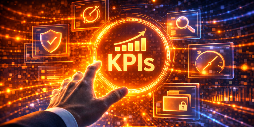 Business professional reaching toward bold UC compliance KPIs metrics in a cybersecurity-themed dashboard, symbolizing defensibility, audit readiness, and governance maturity.