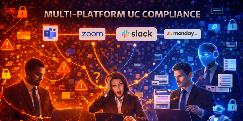 Multi-platform UC compliance illustration showing three office professionals working on laptops as glowing data lines connect Microsoft Teams, Zoom, Slack, and Monday.com, with security locks, warning icons, documents, and an AI assistant in a blue-orange cyber backdrop.