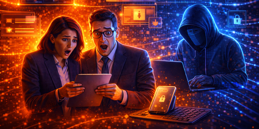 Cybersecurity illustration showing a modern UC incident response scenario inside collaboration tools, with chat threads, meeting artifacts, and identity alerts forming a digital breach map.