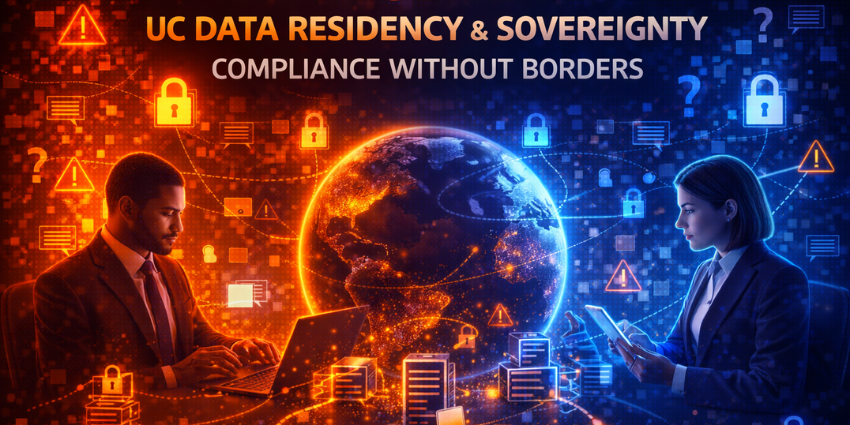 Illustration of UC data residency and sovereignty showing a glowing Earth connected to global data centers, with two office professionals managing cross-border collaboration compliance amid security and audit icons.