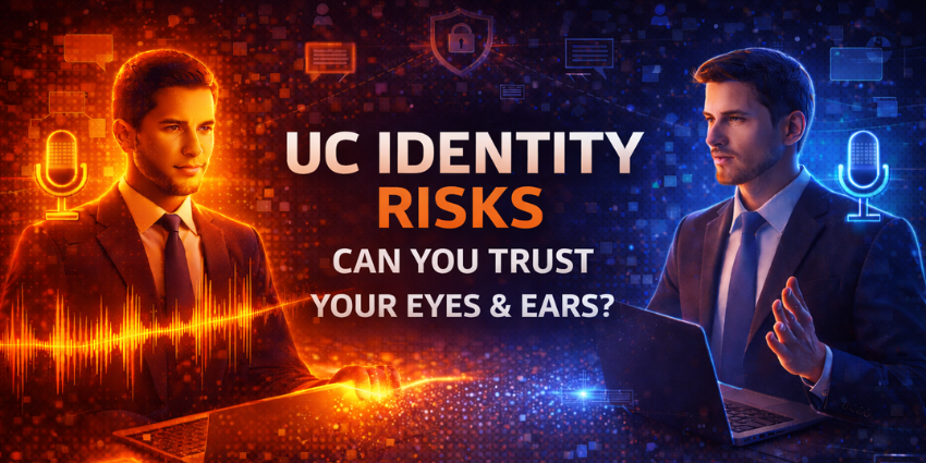 A genuine employee, and a deepfake version of the same employee, sit opposite each other