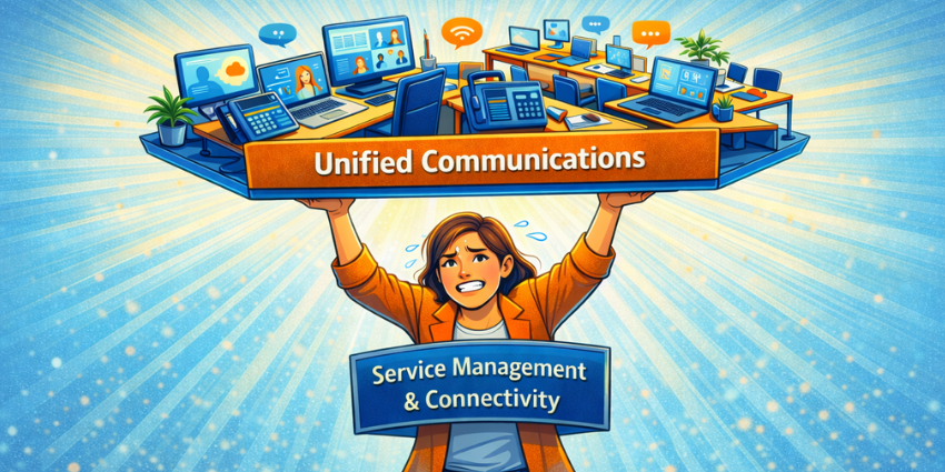 Diagram showing service management, IT service management, and connectivity as the foundation holding up the enterprise unified communications stack.