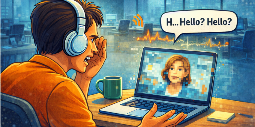 A frustrated employee notices that his virtual work meeting is failing on a poor network connection.