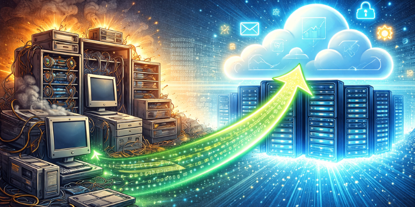 A graphic showing the migration from PBX phone systems to cloud-based communication.