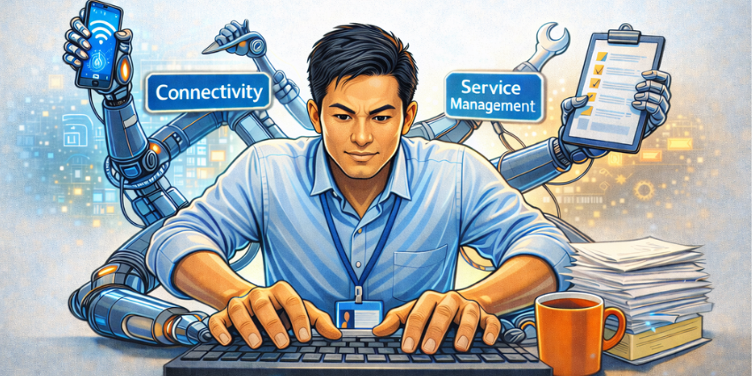 Diagram showing how service management productivity and connectivity tools benefits improve UC performance and productivity and support digital employee experience optimization.