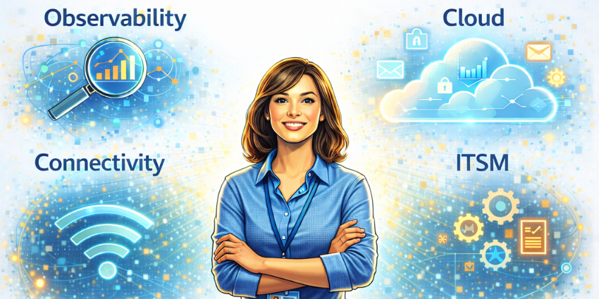 A smiling female IT professional stands confidently with arms crossed, surrounded by icons labeled Observability, Cloud, Connectivity, and ITSM, representing ITSM trends, connectivity trends, and UC reliability innovation for better UC call quality tech and AI enabled ITSM trends.