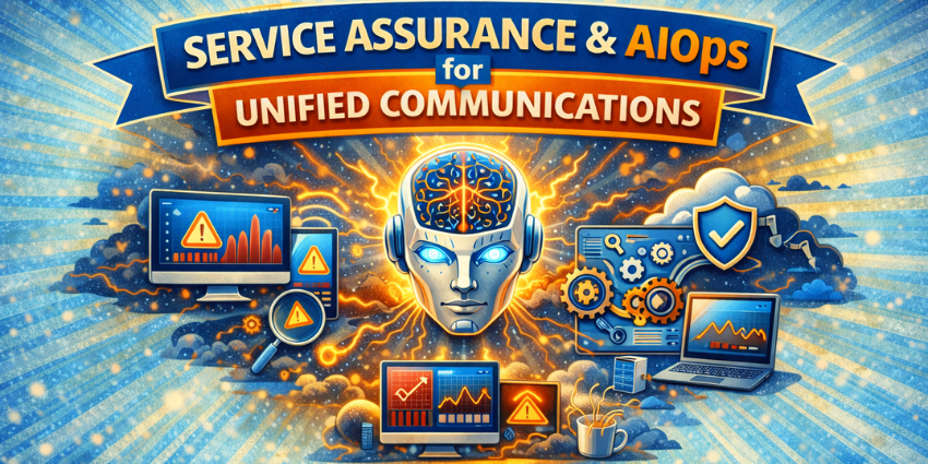 Illustration showing UC service assurance and AIOps with an AI monitoring system surrounded by dashboards, alerts, and analytics for unified communications reliability.