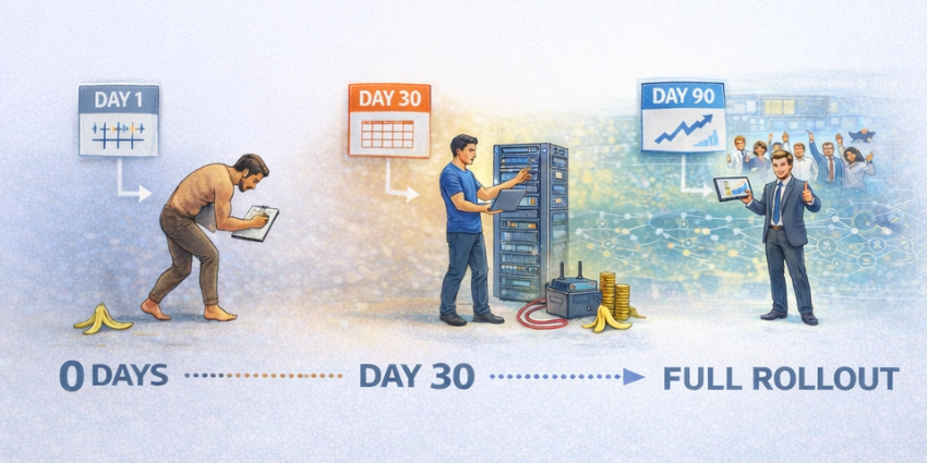 ITSM adoption plan and 90-day UC observability plan showing ITSM deployment steps, UC reliability checklist, and connectivity monitoring rollout